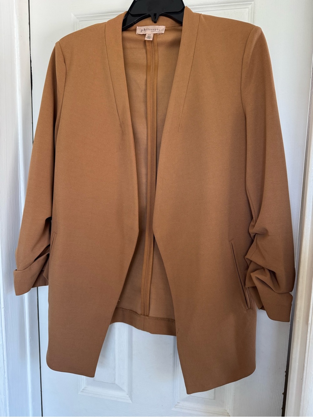 Philosophy Caramel Open-Front Blazer with Ruched Sleeves
